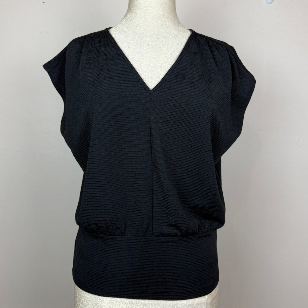 Ann Taylor Blouse Women LP Black Ribbed Banded Waist Minimalist Career Office